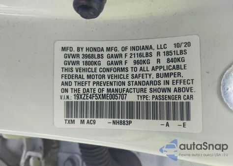 2021 Honda Insight Ex из США, поврежденный, VIN 19XZE4F5XME005707